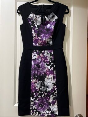 White House Black Market Black Sheath Dress with Purple Floral Panel
